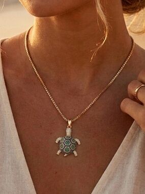 Turtle Necklace 14k Gold Plated Water Resistant CZ Stone Tarnish Resistant